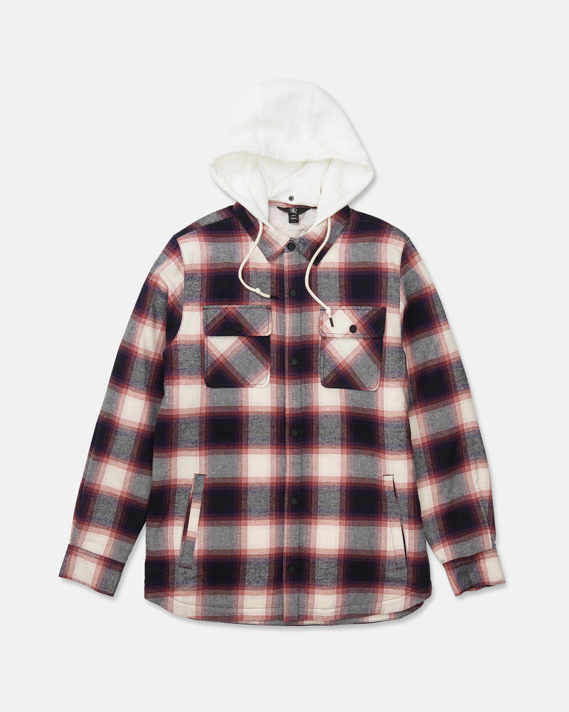 The Men’s Enson Insulated Riding Flannel by Volcom showcases a plaid pattern in shades of red, navy, and white, and features a warm fleece hood, two chest flap pockets, front button closure, and convenient side pockets.
