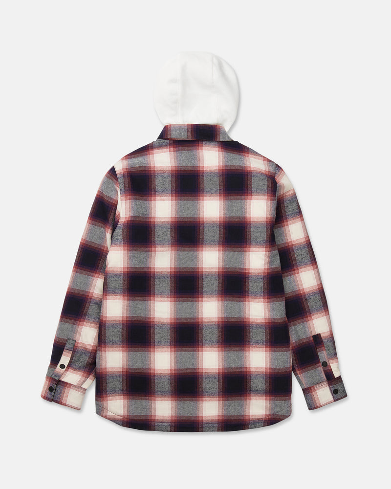 A Volcom Men’s Enson Insulated Riding Flannel, featuring a red, black, and white plaid pattern, long sleeves with button closures, and a soft white fleece hood, is displayed flat with the back facing up.