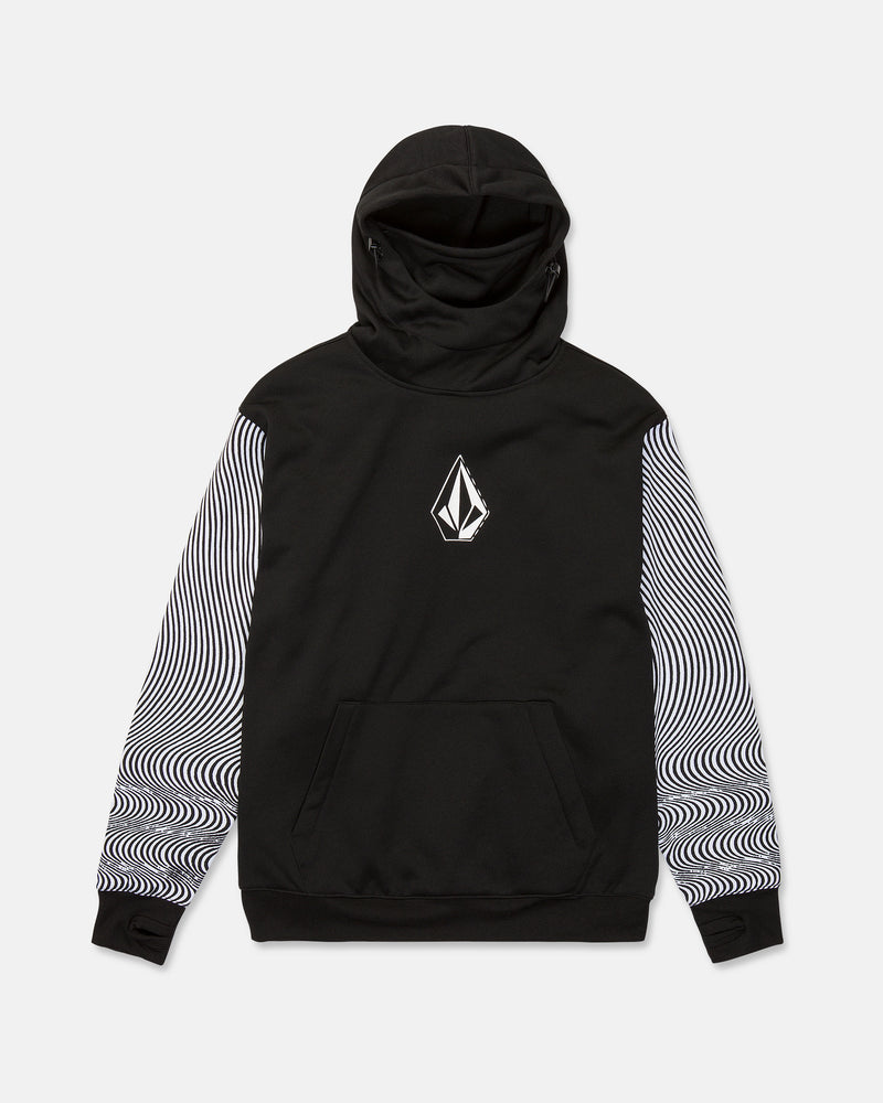Stay dry and stylish in the Volcom Men’s Hydro Riding Hoodie. This black hoodie features a bold white geometric Volcom Stone logo on the chest, while the sleeves are adorned with black and white wavy, optical illusion-inspired patterns. Made from hydrophobic fleece for water resistance, it offers a front pocket and a high neck for extra comfort and style.