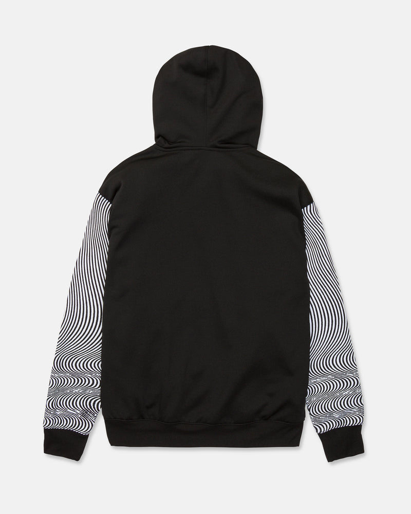A men’s hydro riding hoodie by Volcom, crafted from hydrophobic fleece in black, features black-and-white wavy patterned sleeves and is displayed from the back against a white background for a blend of style and function.