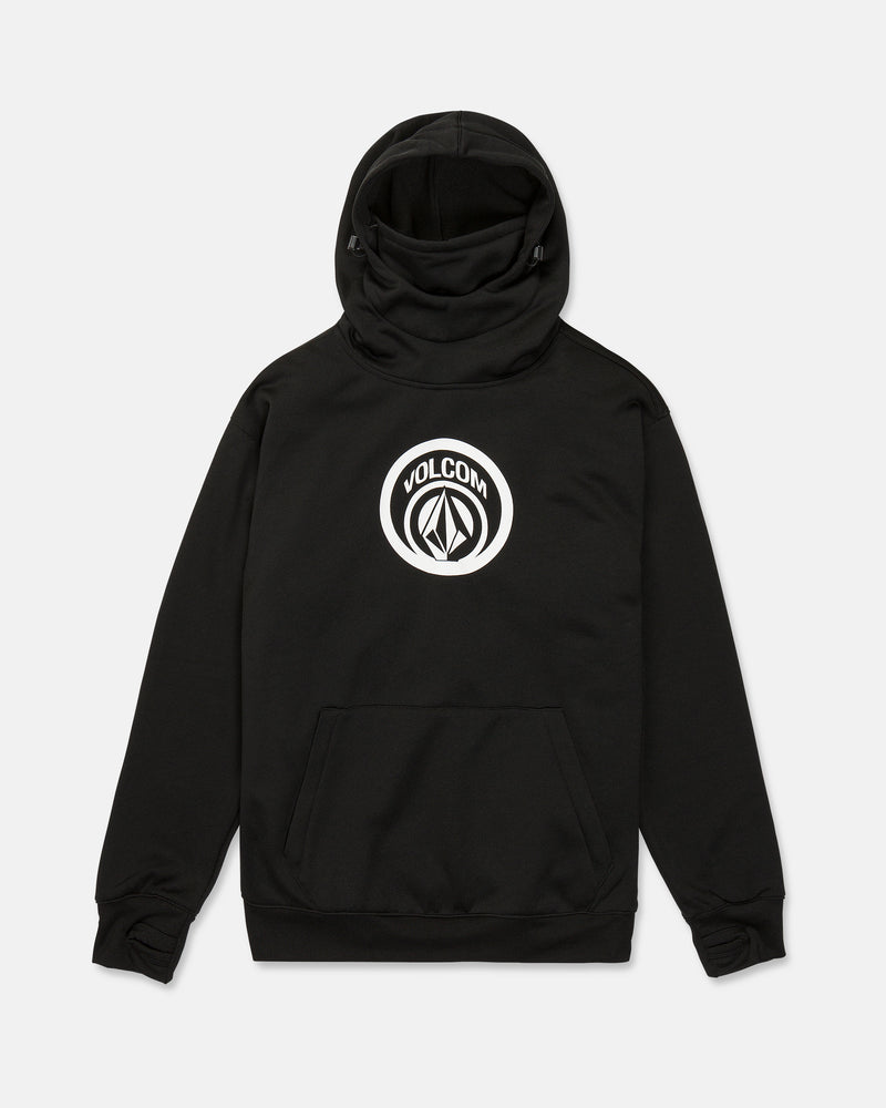 Men’s Hydro Riding Hoodie by Volcom in black, featuring a white circular Volcom logo on the chest, front pocket, and attached hood, displayed on a plain white background.