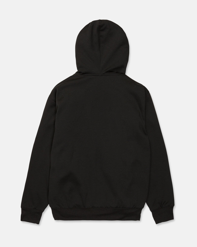 A Volcom Men’s Hydro Riding Hoodie in plain black is shown laid flat, viewed from the back, featuring long sleeves with ribbed cuffs and hem.