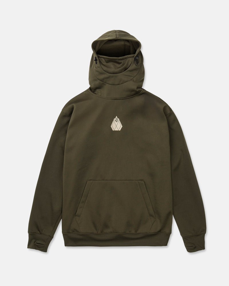The Men’s Hydro Riding Hoodie by Volcom is shown laid flat on a white background. This olive green hoodie features a high neck with adjustable hood toggles, a central chest Volcom logo, and a front kangaroo pocket. It is crafted from hydrophobic fleece for added comfort and performance.