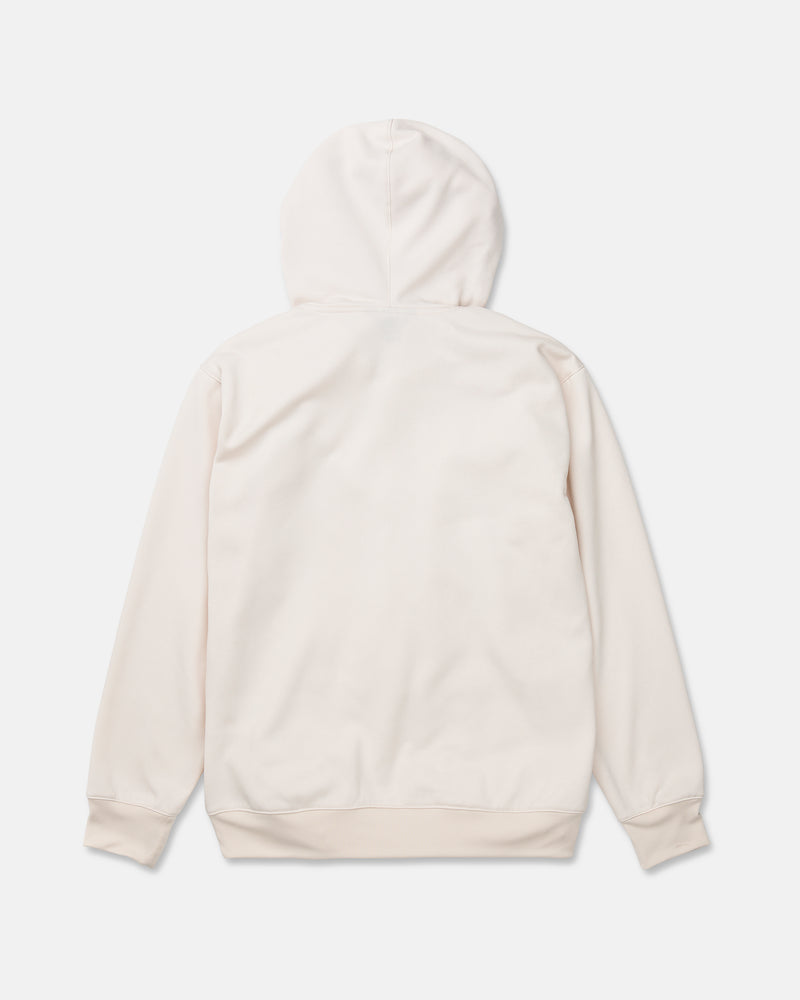 A men’s Hydro Riding Hoodie by Volcom is shown from the back, featuring a plain off-white design with long sleeves and ribbed cuffs and hem, crafted from hydrophobic fleece for enhanced comfort. The hoodie is displayed against a white background.
