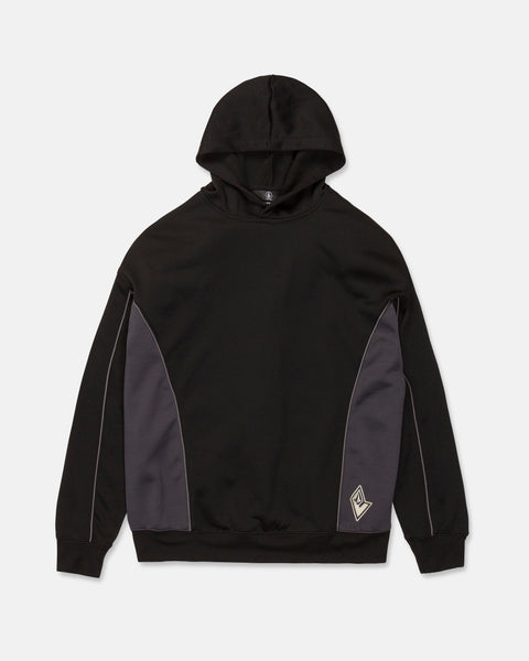 The Volcom Men’s Vital Hydro Pullover Hoodie is a black hoodie featuring dark gray side panels, long sleeves, and a small white geometric logo on the lower left front.