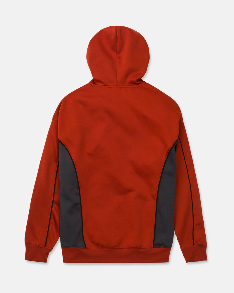 The Volcom Men’s Vital Hydro Pullover is a red hydrophobic fleece hoodie with long sleeves and dark gray side panels, offering superior comfort and moisture resistance, displayed from the back on a plain white background.