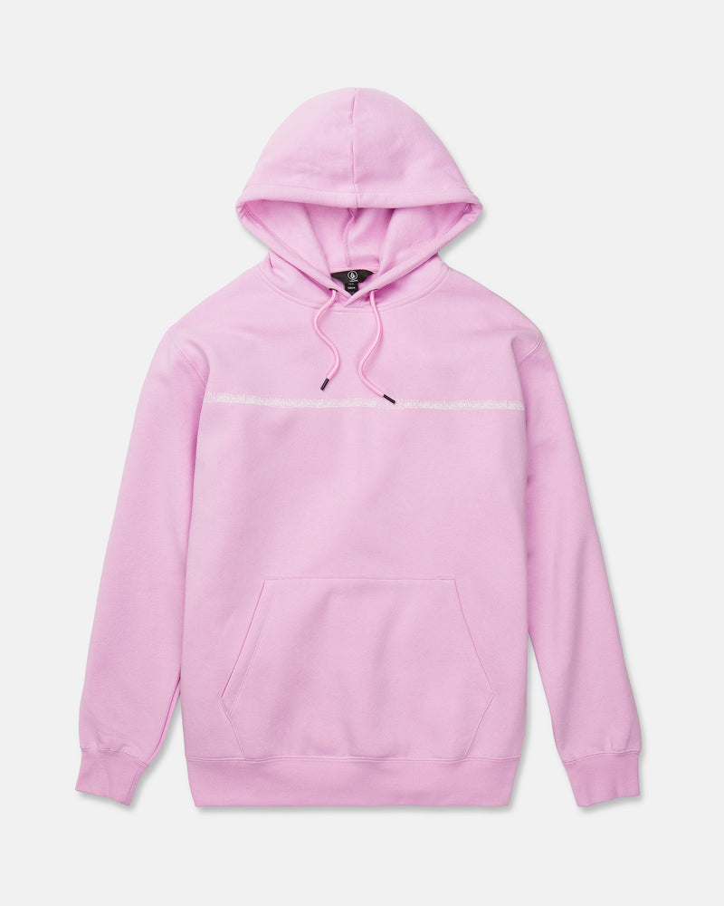 The Volcom Men’s Essential Hoodie in light pink features a front pocket, drawstring hood, ribbed cuffs, and a subtle horizontal seam across the chest. Inspired by Arthur Longo and crafted from soft cotton-poly fleece, this sweatshirt is shown against a plain white background.