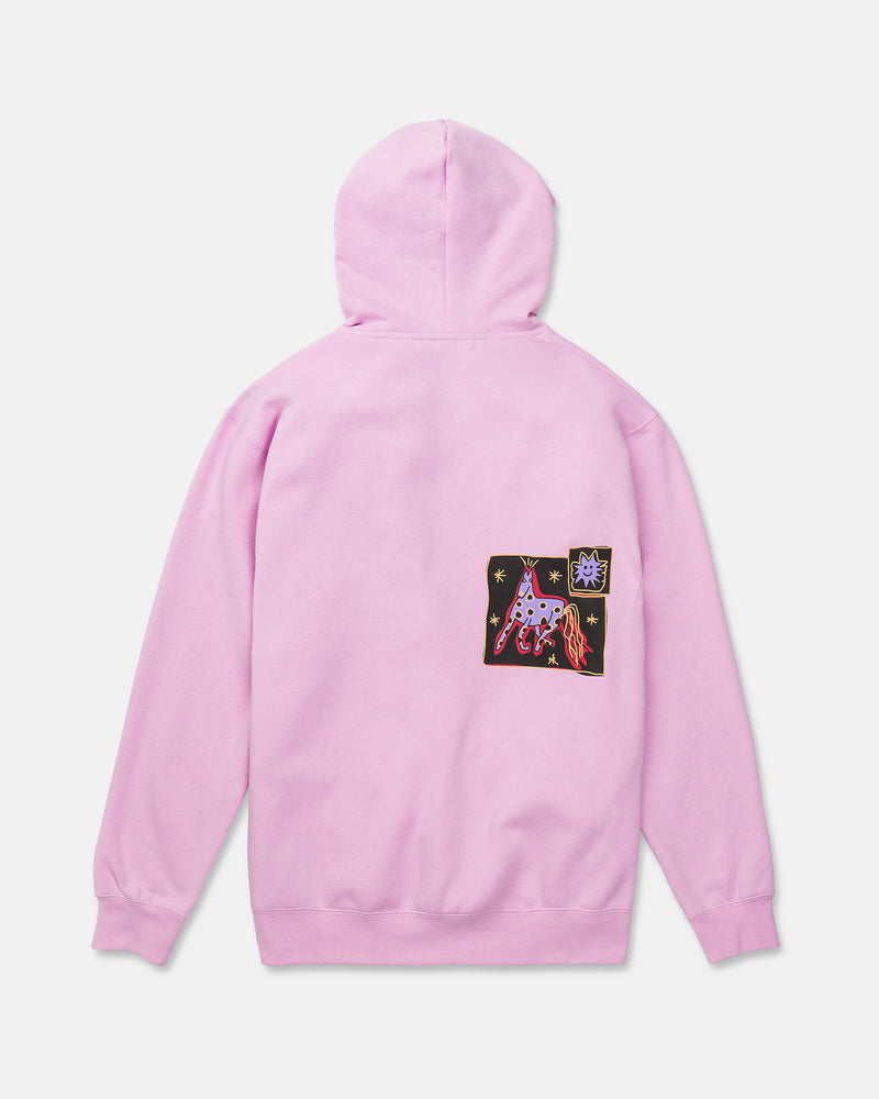 The Volcom Men’s Essential Hoodie in light pink is crafted from soft cotton-poly fleece and features a back patch designed by Arthur Longo, showcasing a colorful abstract horse with a small square above it, all surrounded by stars and shapes on a black background.