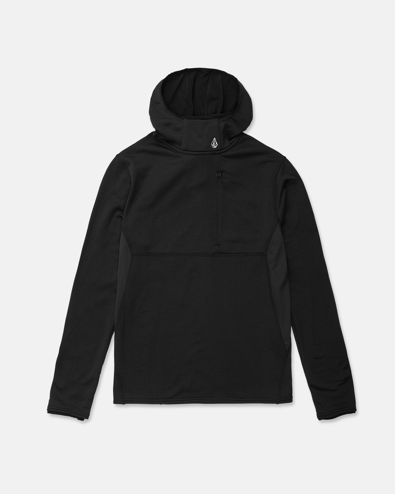 Men’s Gridlock Hooded Pullover by Volcom in black, made from midweight fleece, features long sleeves, a chest pocket, and a small white Volcom logo on the back of the hood, shown against a plain white background.