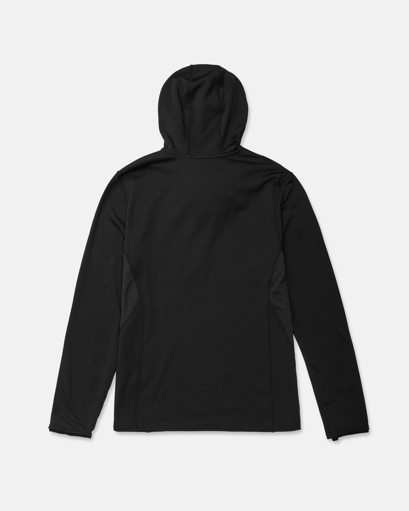 The Volcom Men’s Gridlock Hooded Pullover, shown in black and laid flat on a white background, is a midweight fleece jacket with long sleeves and a clean design free from visible logos or patterns.