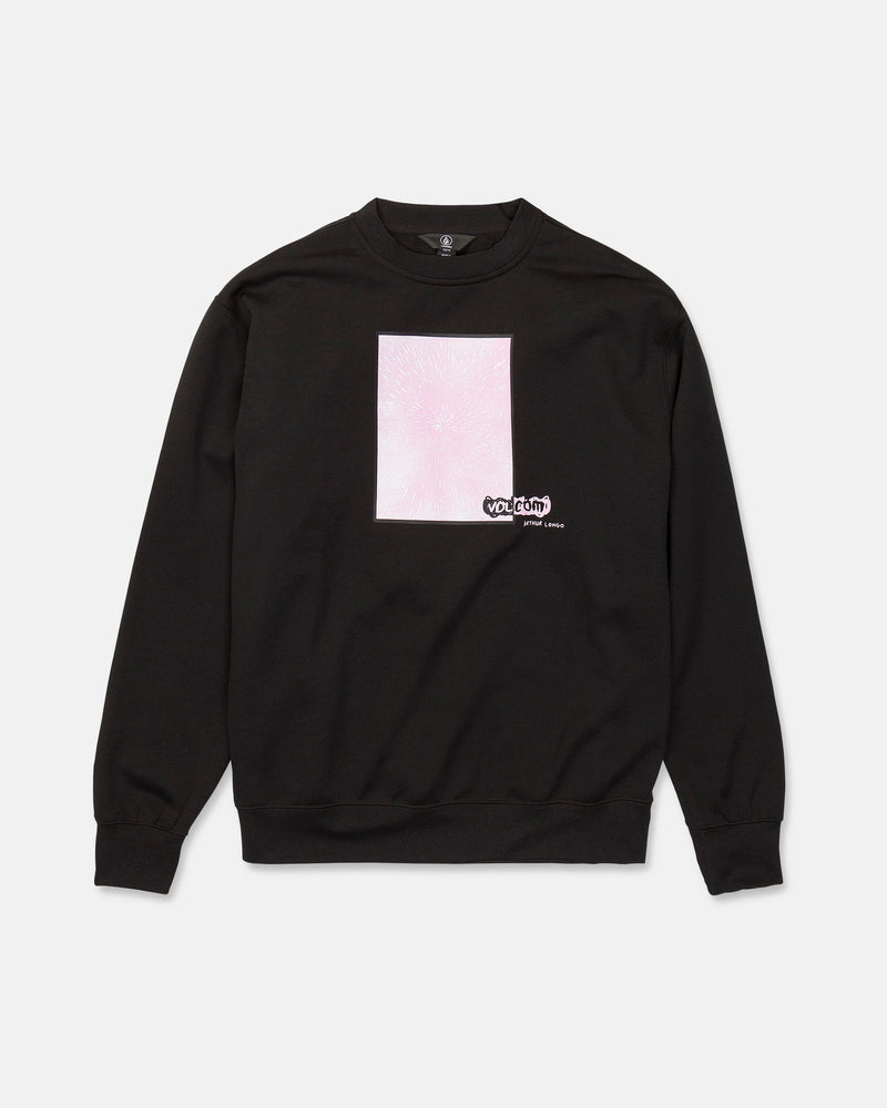 The Volcom Men’s Hydro Crew is a black crewneck sweatshirt featuring long sleeves, ribbed cuffs and hem, and a light pink square graphic on the chest with the word “Evolution” printed in white beneath the graphic.