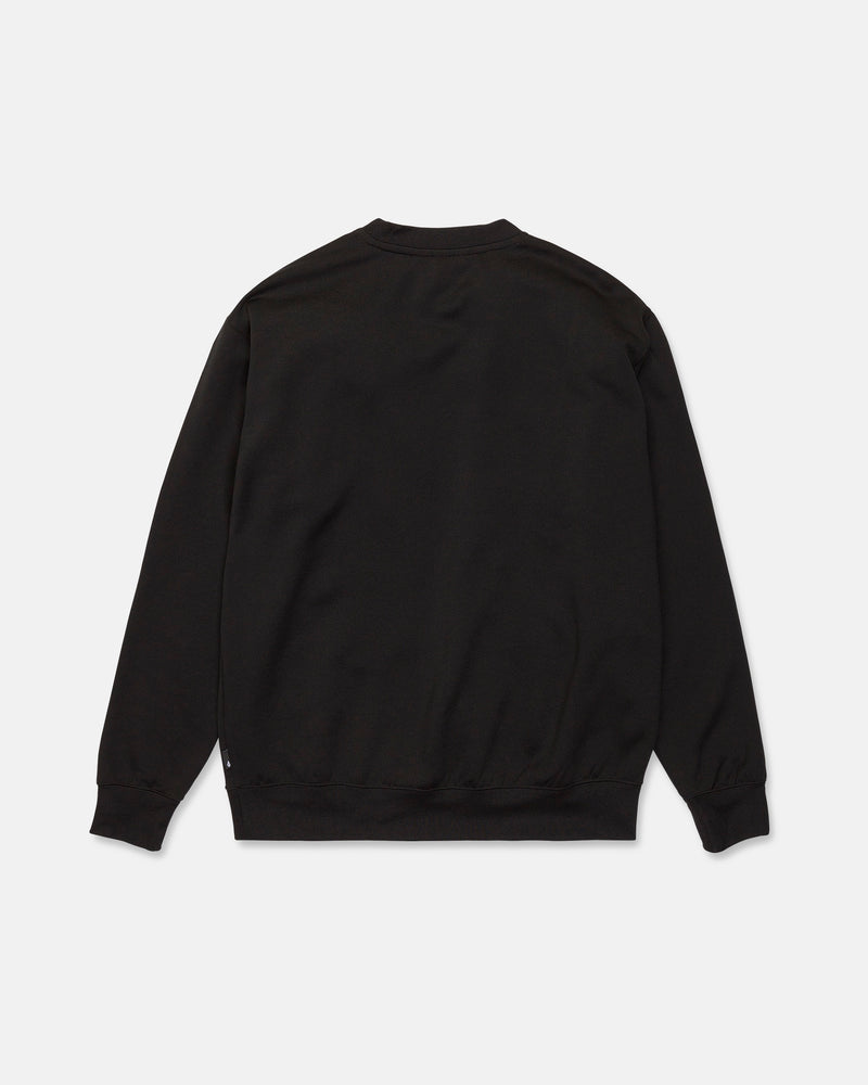The Volcom Men’s Hydro Crew sweatshirt is shown from the back, laid flat against a white background. This black crewneck features long sleeves with ribbed cuffs and hem, and has no visible logos, graphics, or designs on the back.