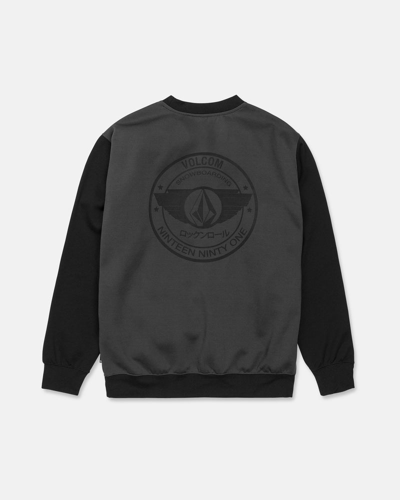 A men’s Volcom Hydro Crew jacket in black and dark gray, featuring a large circular Volcom logo with text on the back. Made from hydrophobic fleece with moisture-wicking properties for added comfort, the jacket has black sleeves and a dark gray body, shown laid flat with the back facing up.