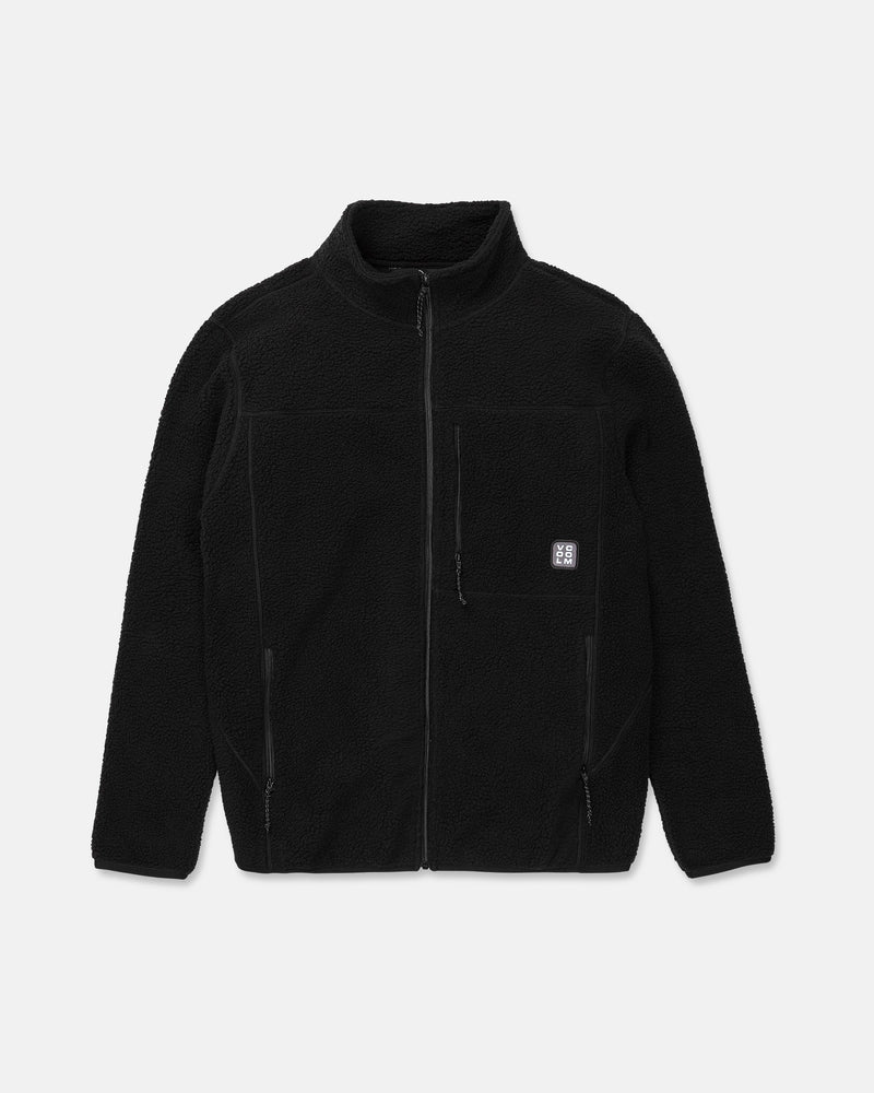 The Volcom Men’s Nelson Sherpa Full Zip is a black fleece jacket featuring a high collar, full zip front, side pockets, a chest pocket, and a small square logo patch on the left chest. The jacket is displayed laid flat on a white background.