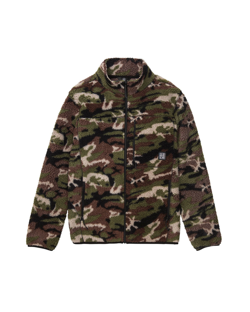 The Volcom Men’s Nelson Sherpa Full Zip is a fuzzy sherpa jacket with a green, brown, and beige camouflage pattern, a chest pocket, and a small square logo on the front.