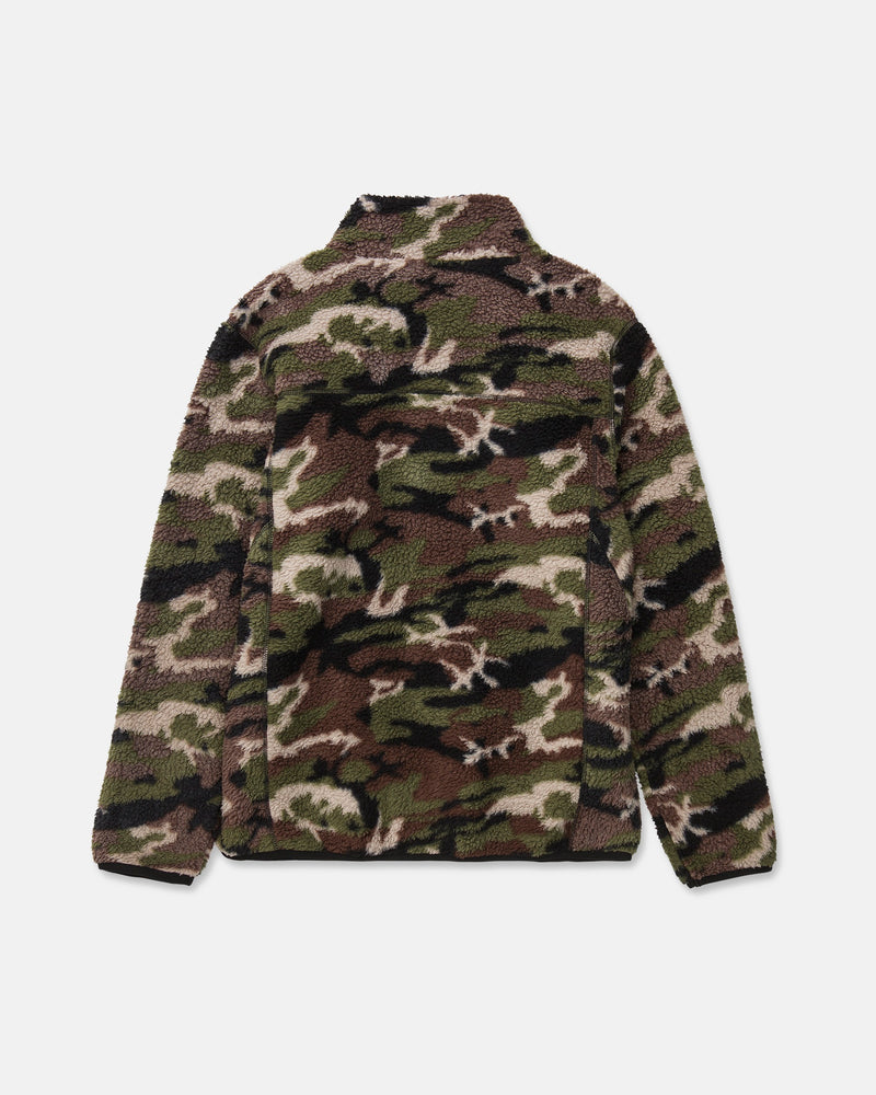The Volcom Men’s Nelson Sherpa Full Zip is a fuzzy, long-sleeve sherpa fleece jacket featuring a green, brown, black, and tan camouflage pattern, shown from the back against a white background.