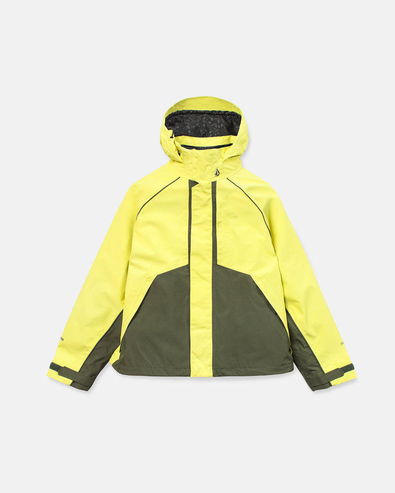 The Unisex Yourfav Baggy Gore Jacket by Volcom is a yellow and dark green hooded GORE-TEX ski jacket featuring a front zipper, long sleeves, and adjustable cuffs. Designed for breathability, it is displayed on a plain white background.