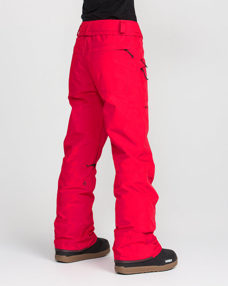A person stands against a plain white background, facing away from the camera, wearing Volcom Women’s Kanyon Insulated Gore Pants in bright red and black boots.