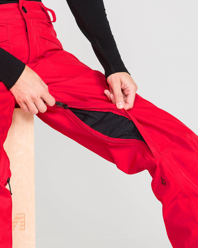 A person wearing Volcom Women’s Kanyon Insulated Gore Pants in bright red unzips a thigh vent, revealing the black mesh lining inside. Only their torso and legs are visible as they sit on a light wooden block.