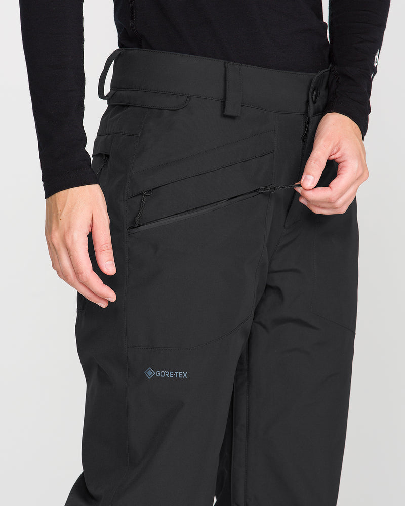 A person wearing the Volcom Women’s Kanyon Insulated Gore Pants in black, designed as waterproof ski pants, unzips a diagonal pocket with their right hand. Only the torso and upper legs are visible against a white background.