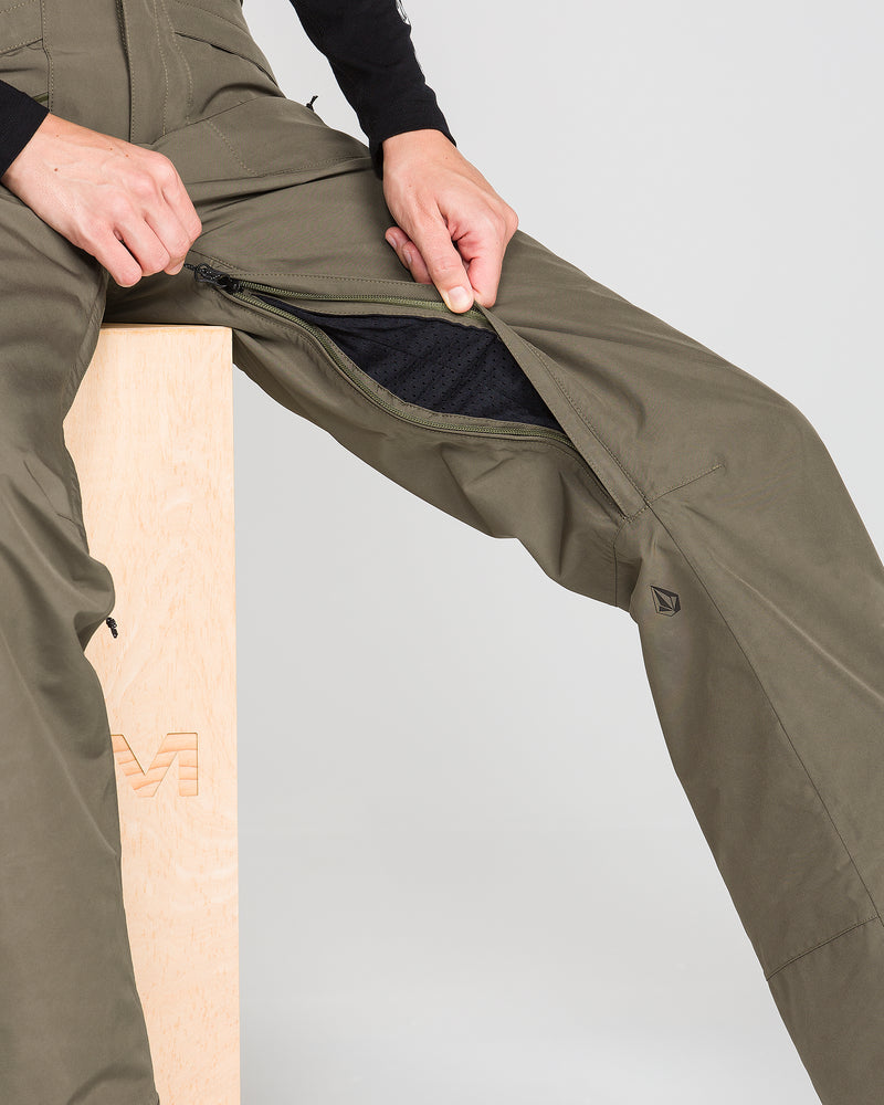 A person sitting on a wooden block unzips the side of their olive-green Volcom Women’s Kanyon Insulated Gore Pants, revealing black inner fabric.
