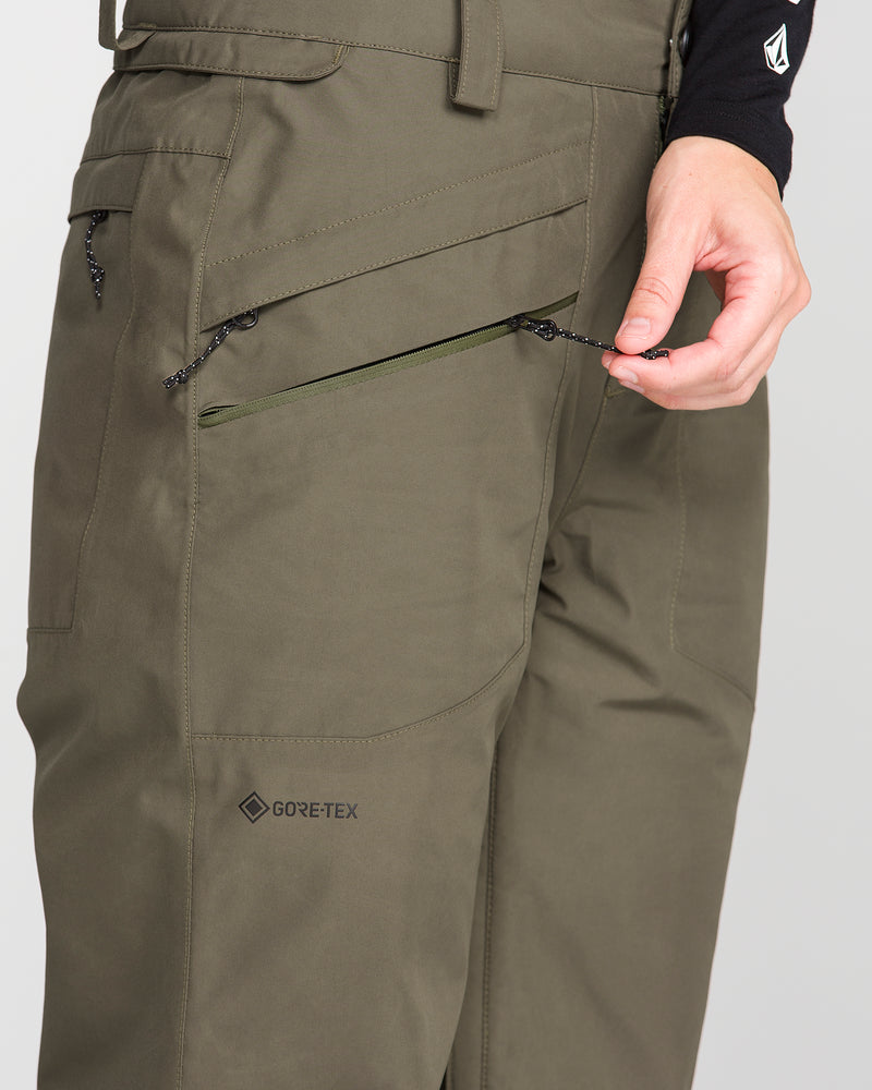 A person wearing Volcom Women’s Kanyon Insulated Gore Pants in olive green is unzipping a side pocket. Only the lower torso, hand, and part of the arm are visible.