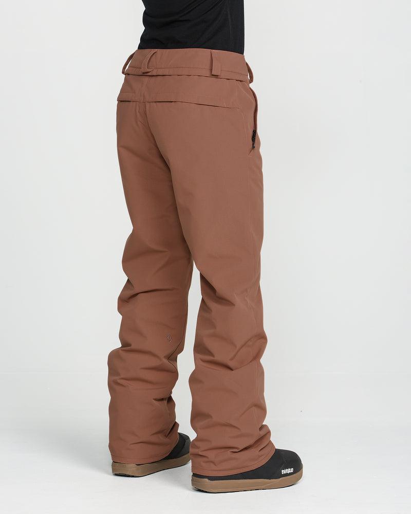 A person stands facing away, wearing the Volcom Women’s Stoned Insulated Pants in brown—featuring 10K waterproof protection and recycled insulation—and black boots with tan soles, against a plain white background.