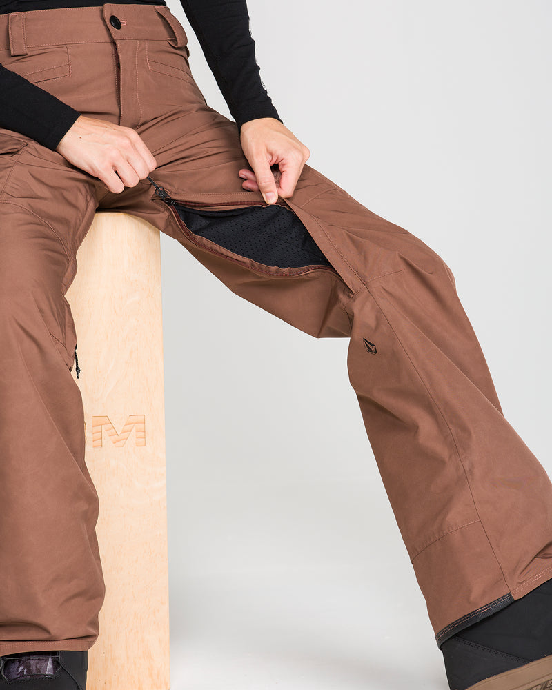 A person is seated on a wooden block, wearing Volcom Women’s Stonelark Gore-Tex Pants in brown. The pants feature a zippered vent at the thigh, which is open to reveal the black mesh lining inside. Only the lower half of the body is visible against a plain light gray background.