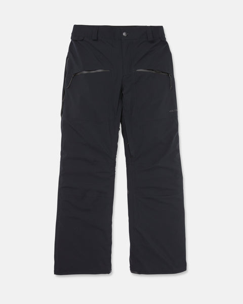 The Volcom Women’s Karat Stretch 30K Pants are black waterproof snow pants crafted with V-Science 2-Layer fabric and a PFAS-free DWR coating for excellent protection. These pants feature zipper pockets on the upper thighs, belt loops, and a snap button waist closure, shown laid flat on a white background.