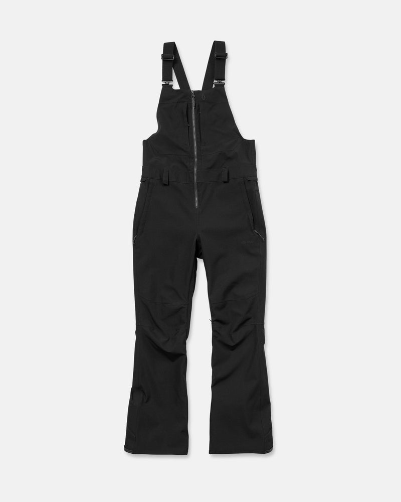 Volcom Women’s Swift Bib overall snow pants for Black women, featuring adjustable shoulder straps, a front zipper, and two side pockets, crafted from V-Science stretch recycled fabric and laid flat on a white background.