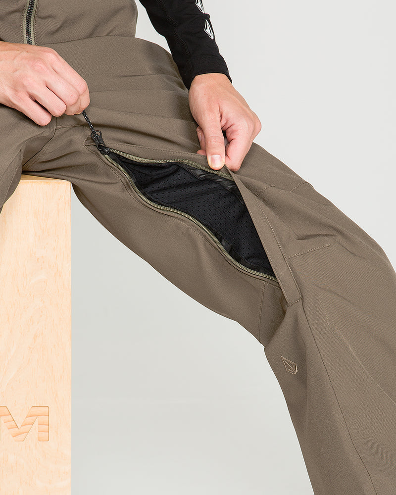 A person sits on a wooden block, unzipping the side of their olive green Volcom Women’s Swift Bib to reveal a black mesh lining—functional waterproof overalls thoughtfully crafted from recycled fabric. Only the lower torso and hands are visible.