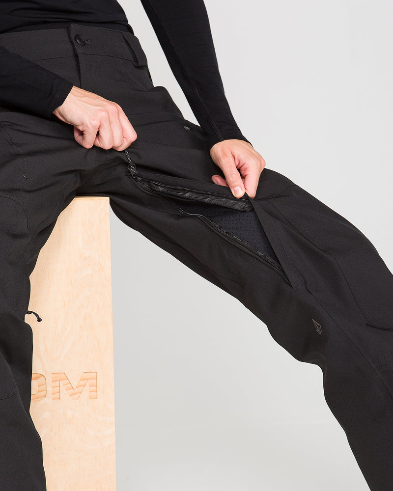 A person seated on a wooden bench unzips the inner thigh of Volcom Women’s Pollock Baggy Pants in black, revealing a mesh lining inside. The background is plain and light-colored.
