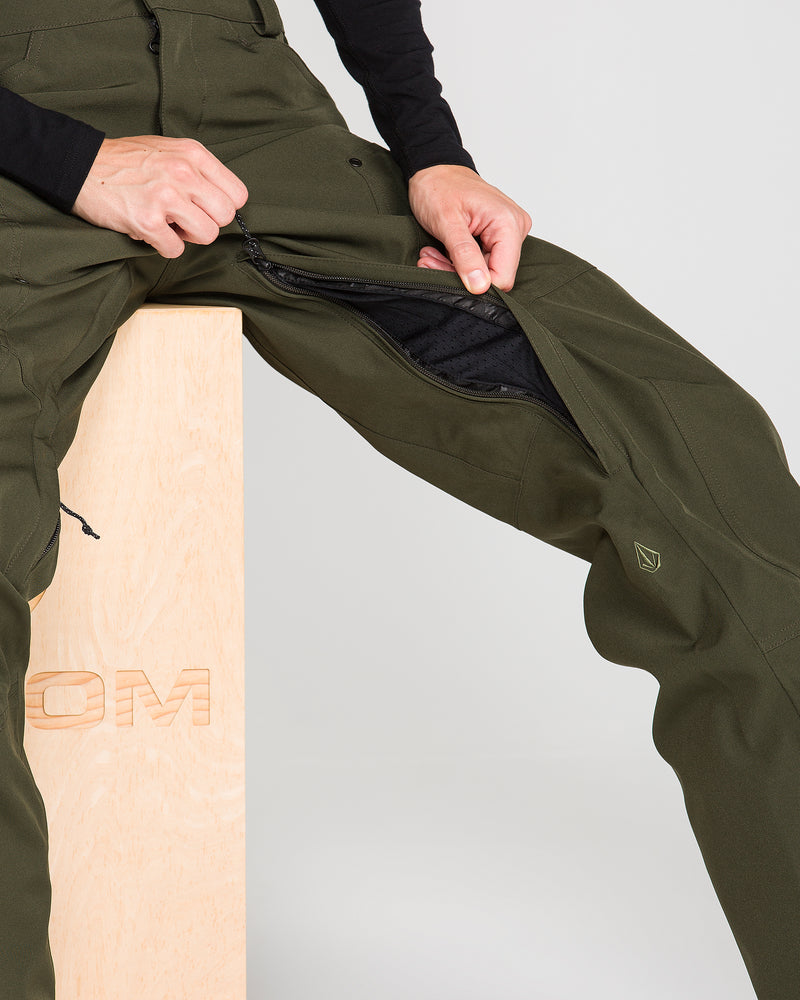 A person sitting on a wooden block unzips the side of their olive green Volcom Women’s Pollock Baggy Pants, revealing a black inner lining. Only their hands and lower body are visible.