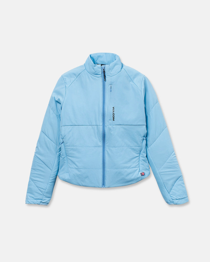 The Volcom Women’s Evergreen Full Zip Jacket is a light blue, quilted jacket with a front zipper and a stand-up collar. “VOLCOM” is printed vertically on the left chest. This women’s jacket features long sleeves, a slightly cropped fit, and is shown against a white background.