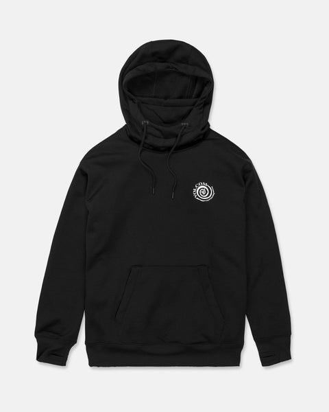 Volcom Women’s Riding Hydro Pullover Hoodie in black, featuring a front pocket and drawstrings. A small white circular design with text is printed on the left chest area. The hoodie is displayed laid flat on a plain white background.