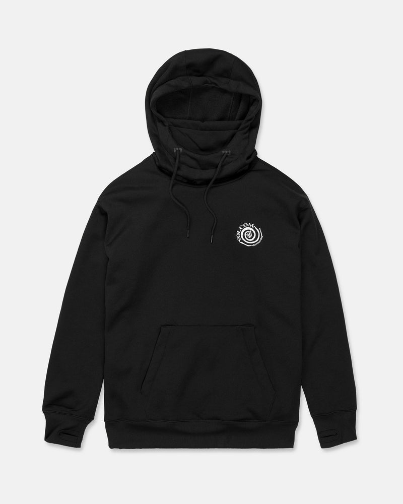 Volcom Women’s Riding Hydro Pullover Hoodie in black, featuring a front pocket and drawstrings. A small white circular design with text is printed on the left chest area. The hoodie is displayed laid flat on a plain white background.
