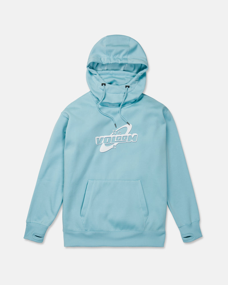 Introducing the Volcom Women’s Riding Hydro Pullover—a light blue hoodie designed for women, featuring a front pocket and an adjustable drawcord hood. Made from hydrophobic fleece to keep you dry and comfortable, this sweatshirt sports a bold white VOLCOM logo on the chest with a stylized ringed planet graphic in the background. The product is displayed against a plain white backdrop.