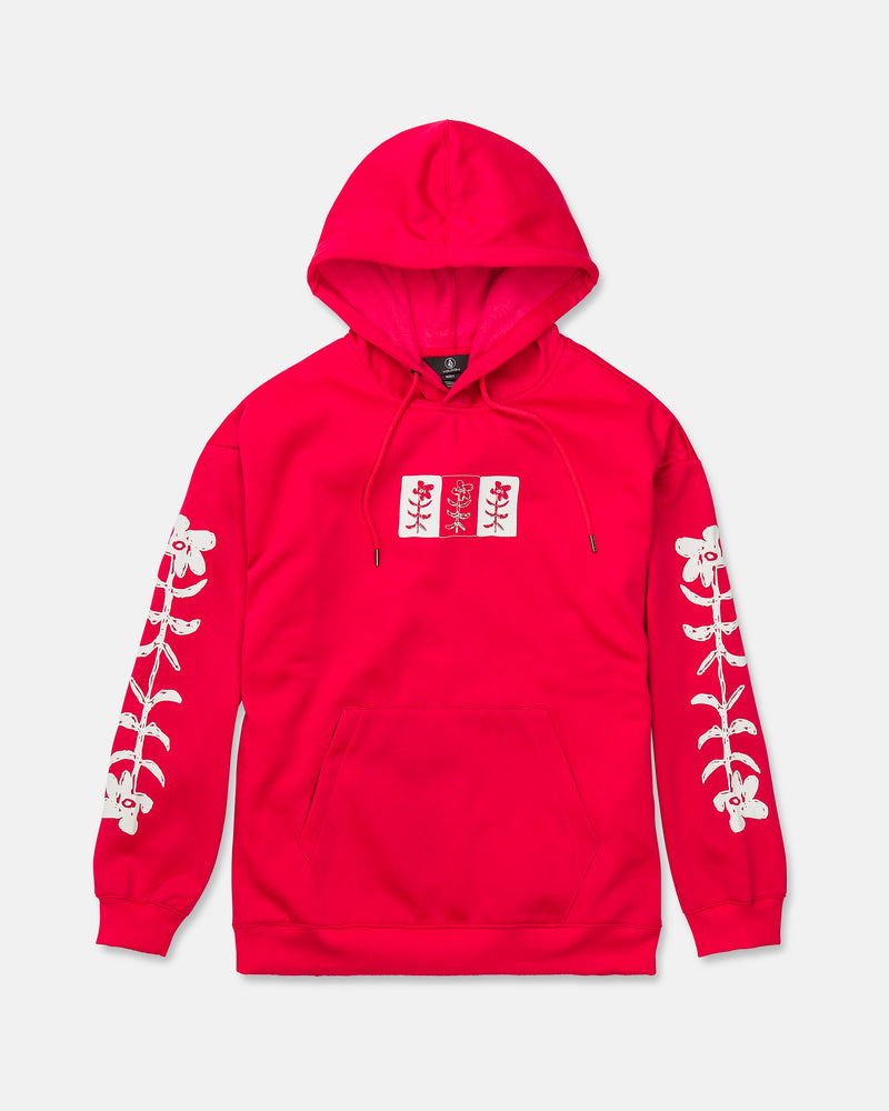 Introducing the Volcom Women’s Essential Hydro Hoodie—a bright red hoodie adorned with white stylized flower designs on both sleeves and three red-and-white floral symbols on the chest. This essential piece blends standout style with comfort, featuring a front pocket and adjustable drawstrings.