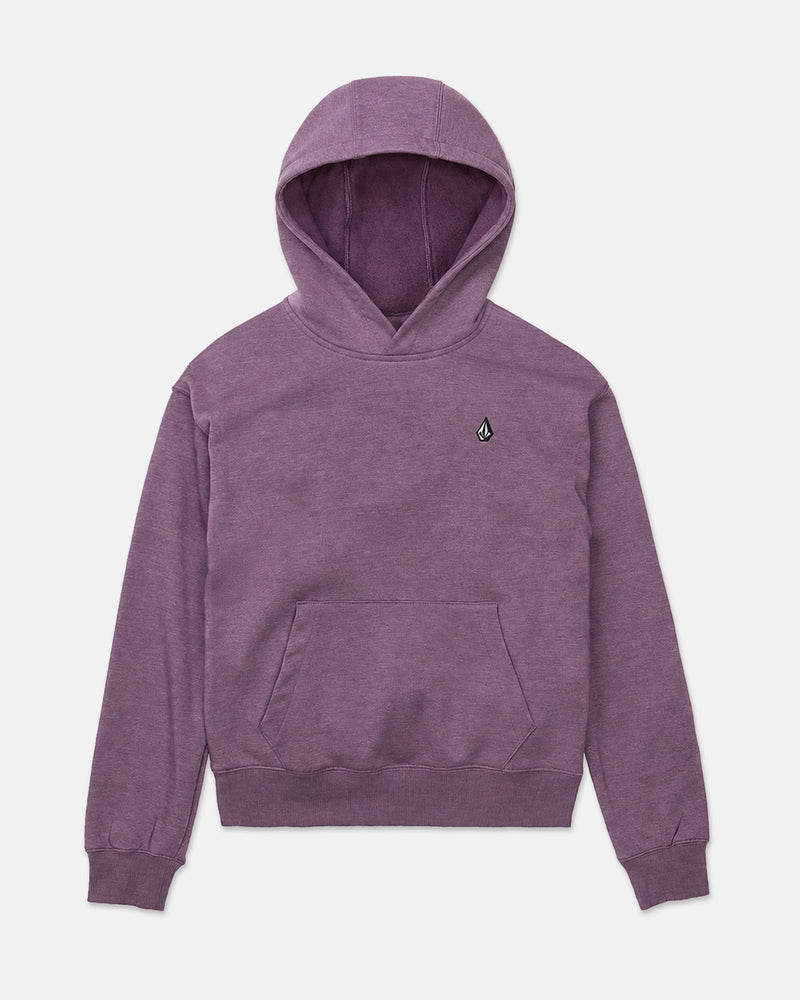 The Women’s Alpine All Day Pullover by Volcom is a purple hooded sweatshirt with a cozy funnel hood, front handwarmer pocket, and a small embroidered logo on the left chest, displayed on a white background.