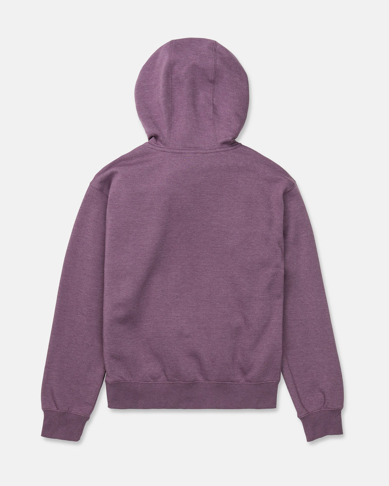 The image shows the back view of the Volcom Women’s Alpine All Day Pullover, a purple hooded sweatshirt featuring long sleeves, ribbed cuffs and waistband, and a stylish funnel hood. The design is minimal with no visible logos or decorations.