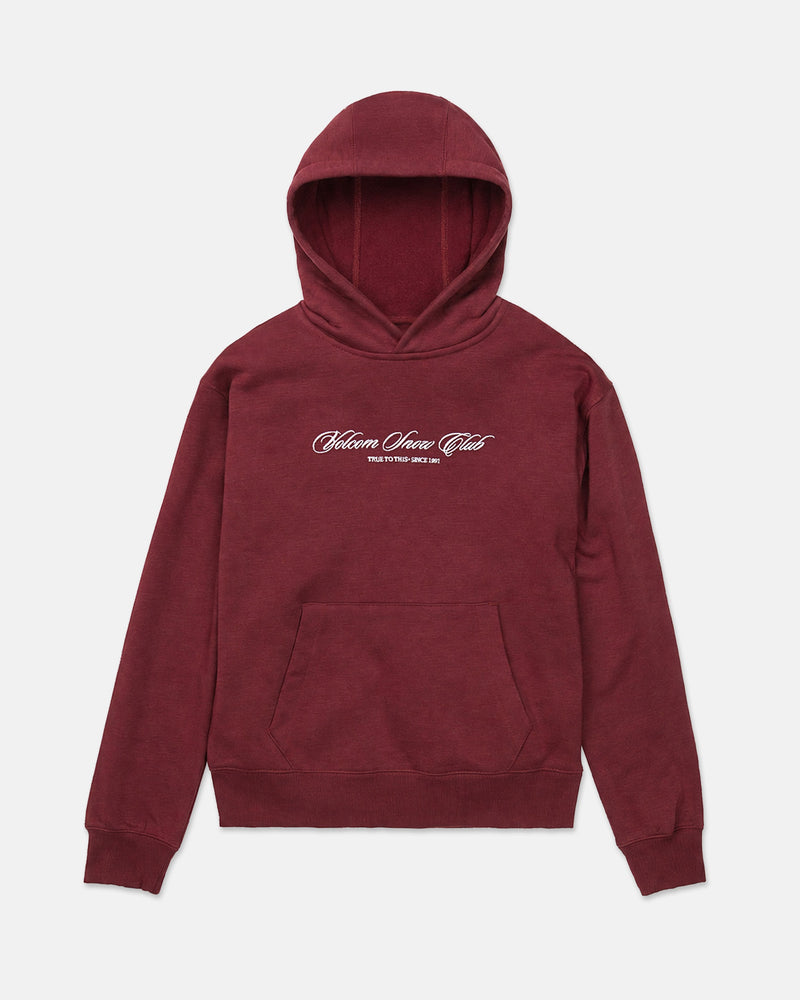 The Women’s Alpine All Day Pullover by Volcom is a maroon hooded sweatshirt featuring a front handwarmer pocket and white script text on the chest that reads “Volcom Snow Club.” The hoodie is displayed laid flat on a white background.