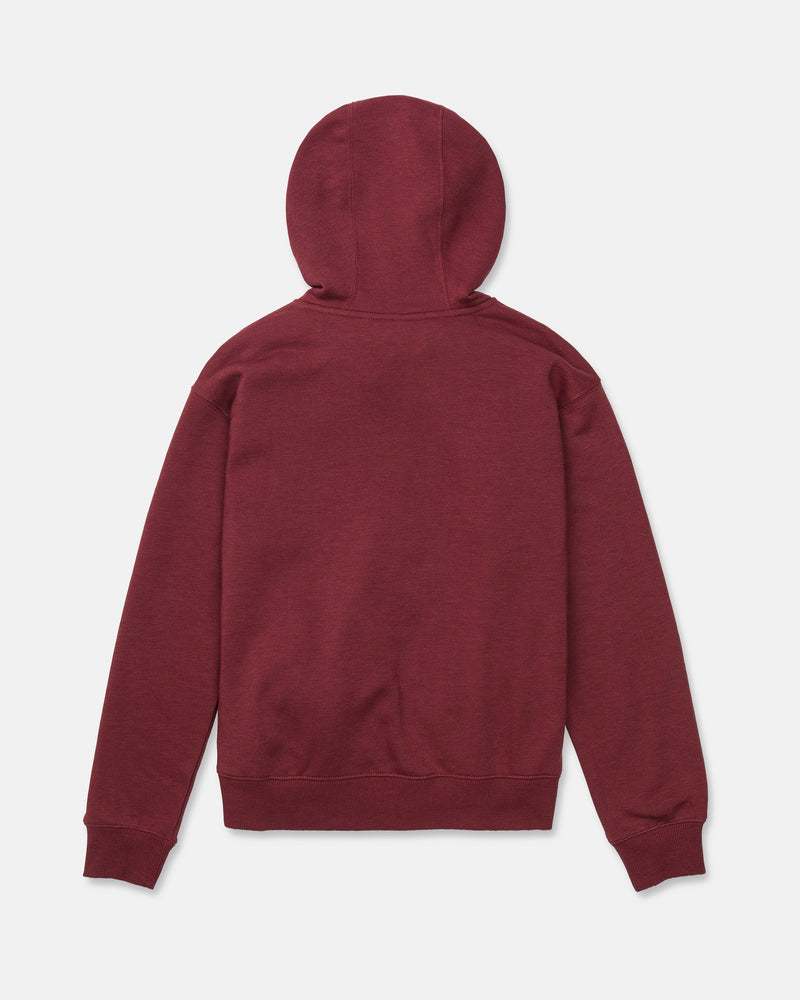 A Volcom Women’s Alpine All Day Pullover is displayed flat, viewed from the back against a white background. The maroon hoodie features a cozy funnel hood, long sleeves, ribbed cuffs, and a waistband.