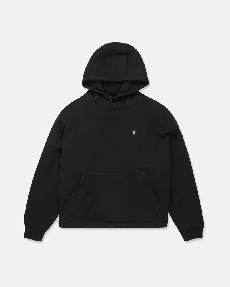 The Volcom Women’s Yourfav Baggy Pullover is a black oversized hoodie with a front pocket and a small white embroidered logo on the left chest, shown against a plain white background. This fleece sweatshirt offers a comfortable, relaxed fit that makes it ideal for everyday wear.