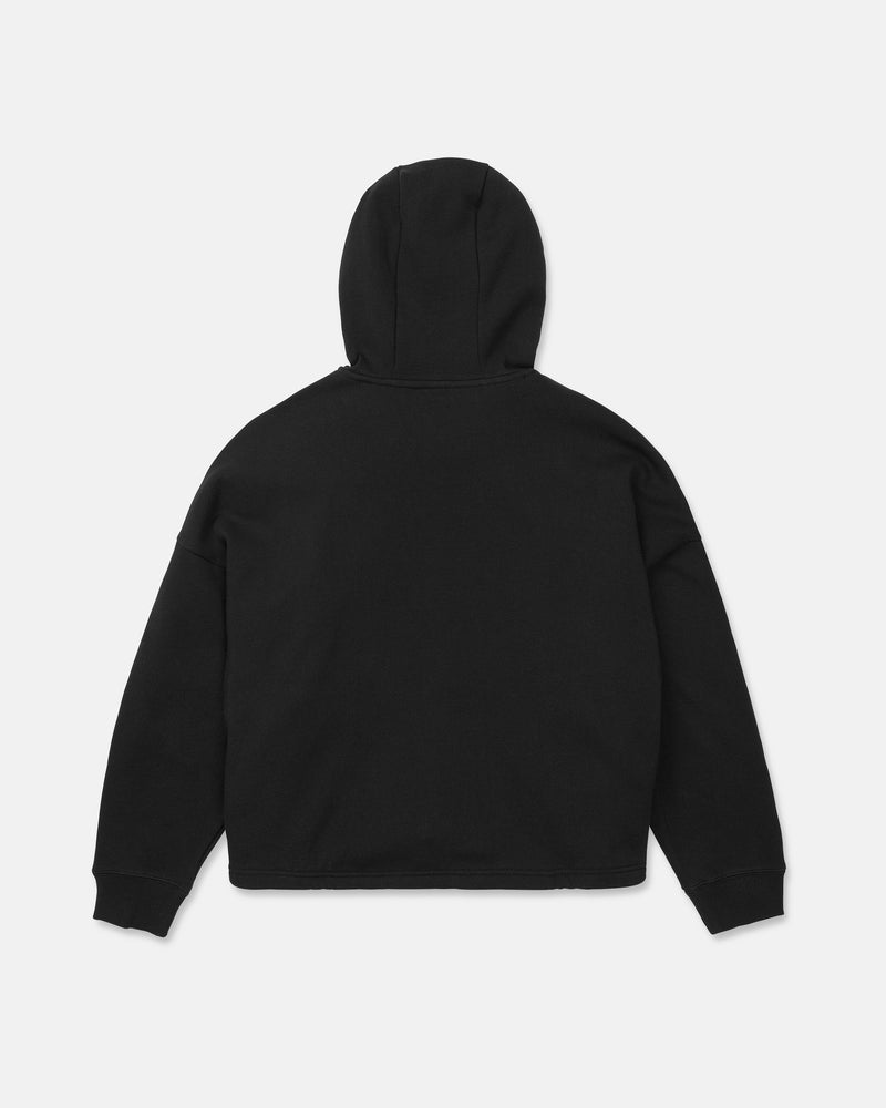 The Women’s Yourfav Baggy Pullover by Volcom is displayed from the back, featuring long sleeves and a relaxed, oversized fit in plain black, laid flat against a white background.