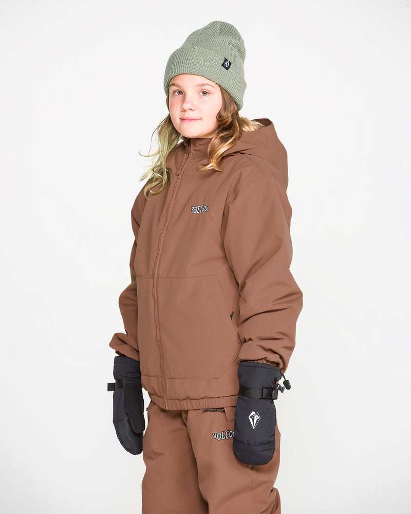 A child wearing a brown Volcom Kids’ Youth Chaos Insulated Jacket—crafted with recycled insulation and outstanding weather protection—matching pants, black gloves, and a green beanie stands against a plain white background.