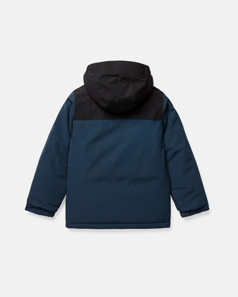 The image shows the Volcom Kids’ Youth Stone.91 Insulated Jacket in blue, displayed from the back with a black hood and black shoulder panel. This jacket features long sleeves with elastic cuffs, 10K/10K V-Science protection for excellent weather resistance, and recycled insulation to keep kids warm and comfortable.