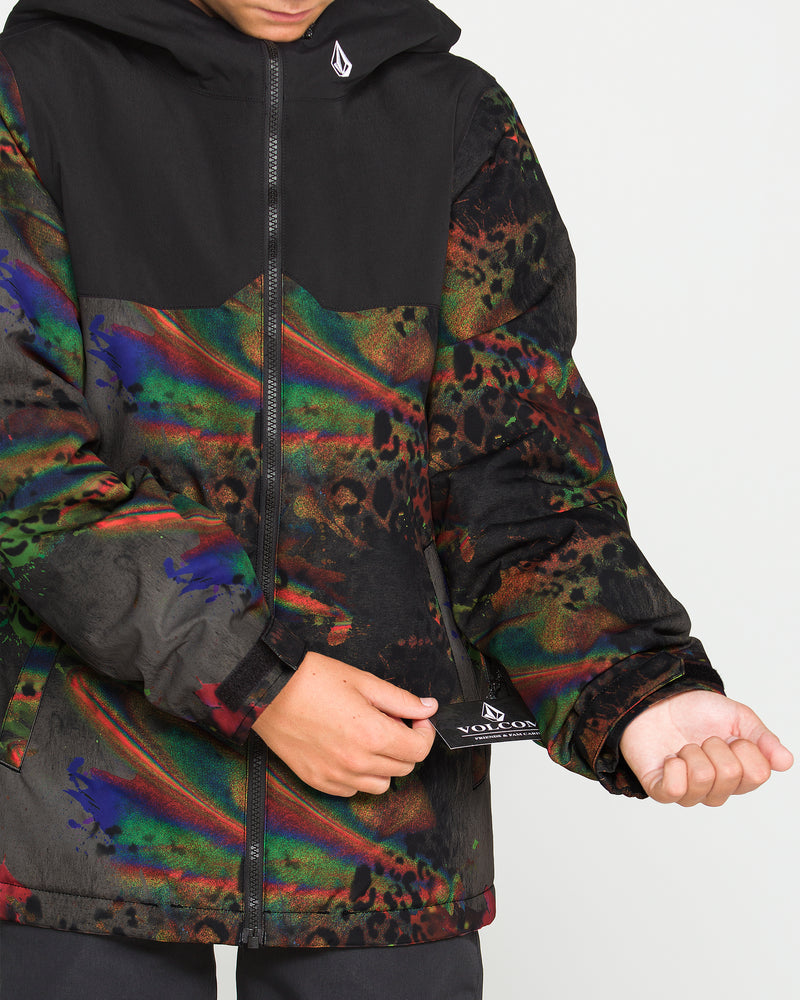A person is shown wearing the Volcom Kids’ Youth Stone.91 Insulated Jacket, featuring a black color with a colorful abstract pattern. Only the torso and part of the arms are visible as they unzip a pocket and display the jacket’s sleeve, while their face remains out of view. This stylish outerwear includes Grow-Tech and recycled insulation for enhanced comfort and sustainability.