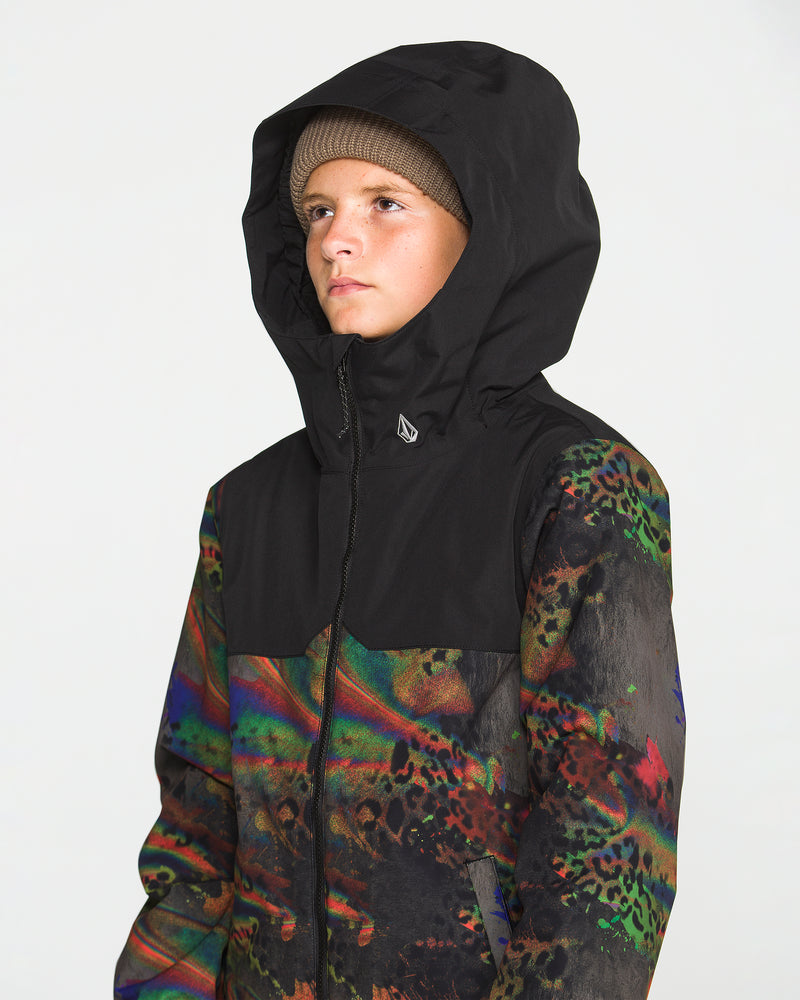 A person wearing a Volcom Kids’ Youth Stone.91 Insulated Jacket in black with colorful abstract sleeve and torso patterns—featuring recycled insulation—and a brown knit beanie underneath, looks off to the side against a plain white background.