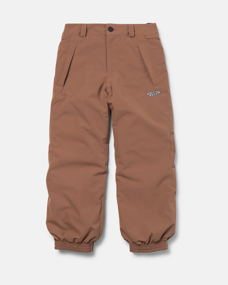 The Volcom Kids’ Youth Chaos Insulated Pants are brown snow pants featuring elastic cuffs, side pockets, belt loops, and a button closure. Crafted with V-Science 2-Layer fabric and recycled insulation for dependable warmth and comfort, these pants have “Volcom” embroidered on the left thigh. Shown here against a white background.