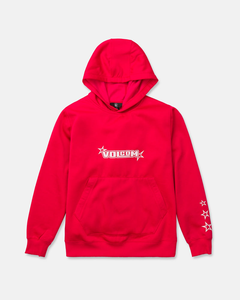 The Kids’ Youth Hydro Fleece Hoodie by Volcom is shown laid flat on a plain white background. This bright red hoodie features a hydrophobic fleece finish, a front handwarmer pocket, and a hood. The chest is adorned with the Volcom logo in white, while three white star graphics accent the left sleeve.